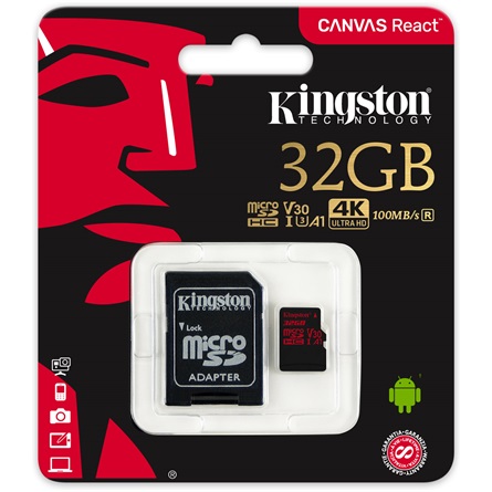 Kingston - Fot memriakrtya - Kingston Canvas React 32Gb microSDHC Class 10 UHS-I U3 memriakrtya+adapter