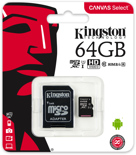 Kingston - Memria Krtya Foto - Kingston Canvas Select 64Gb Class 10 UHS-I microSDXC memriakrtya + adapter SDCS2/64GB