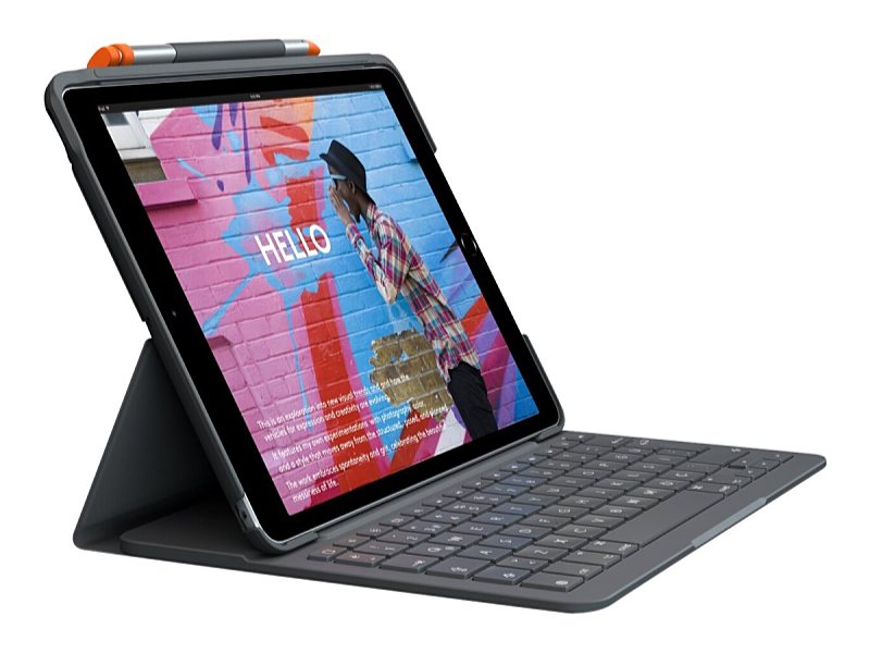 Logitech - Billentyzet - Logitech Slim Folio Keyboard for ipad 10th Grey (UK) 920-011429 Logitech Slim Folio - Keyboard and folio case - wireless - Bluetooth LE - QWERTY - UK - oxford grey - for Apple 10.2-inch iPad Wi-Fi; 10.5-inch iPad Pro Wi-Fi; 10.9-inch iPad Wi-Fi; iPad Air 