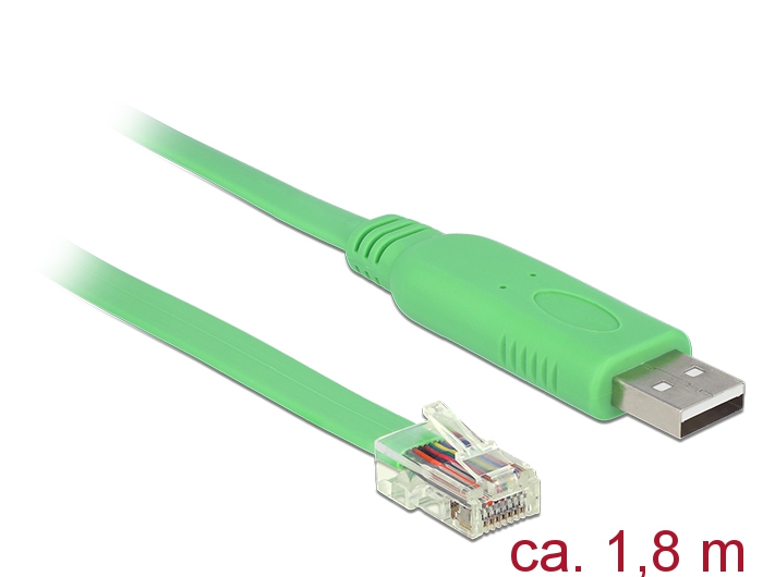 DeLOCK - Kbel - Kbel USB A- RS232 RJ45 M male 1.8m Green Delock 62960 Ez a Delock USB 2.0-RS-232 adapter alkalmas a Cisco routerek, switchek, hozzfrsi pontok stb. konzolnak szemlyi szmtgpen vagy laptopon keresztli csatlakoztatsra. Csatlakoz: 1 x USB 2.0 A-t
