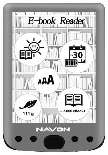 Navon - e-Book, e-knyv - e-Book Navon BigBook Backlight 6' 8GB Mretei 110 x 165 x 9 mm Akkumultor 2000 mAH, Li-Polymer (beptett) zemid akr 1500 ra egy feltltssel Feltltsi id 5 ra MicroSD(HC) tmogats, 32 GB-ig bvthet Tmogatott E-Book formtumok DJUV, DOC, EPUB,